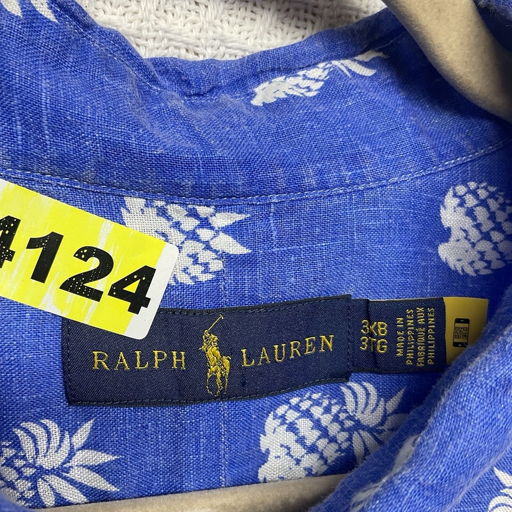 Ralph Lauren Shirt Mens 3XB Blue Short Sleeve 100% Linen Pineapple Hawaiian - Picture 4 of 10